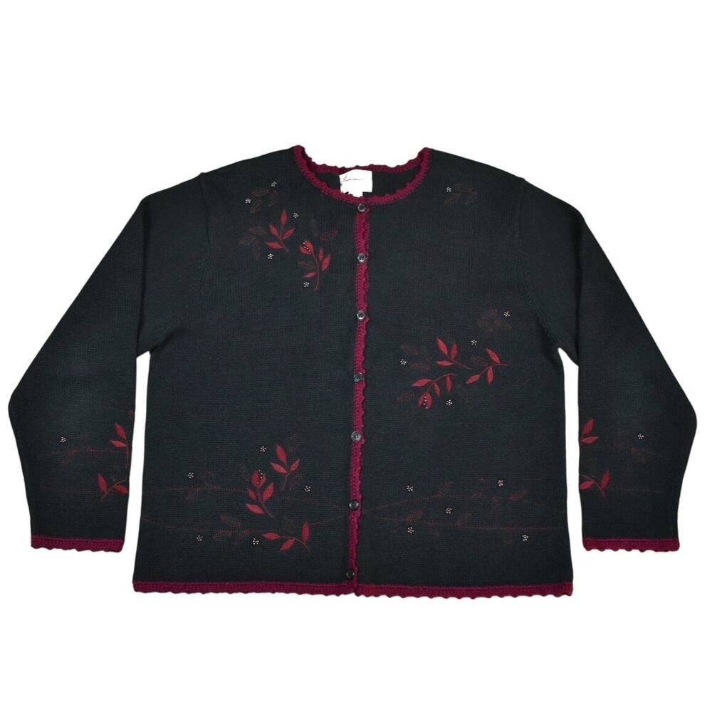 Embroidered Beaded Cardigan Sweater Womens XL Black Maroon Button Up Knit VTG